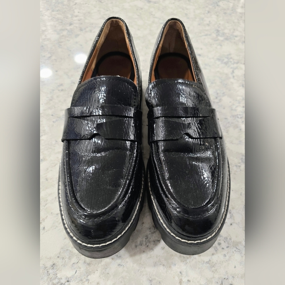 Women's Franco Sarto Black Patent Leather Loafers with Lug Soles